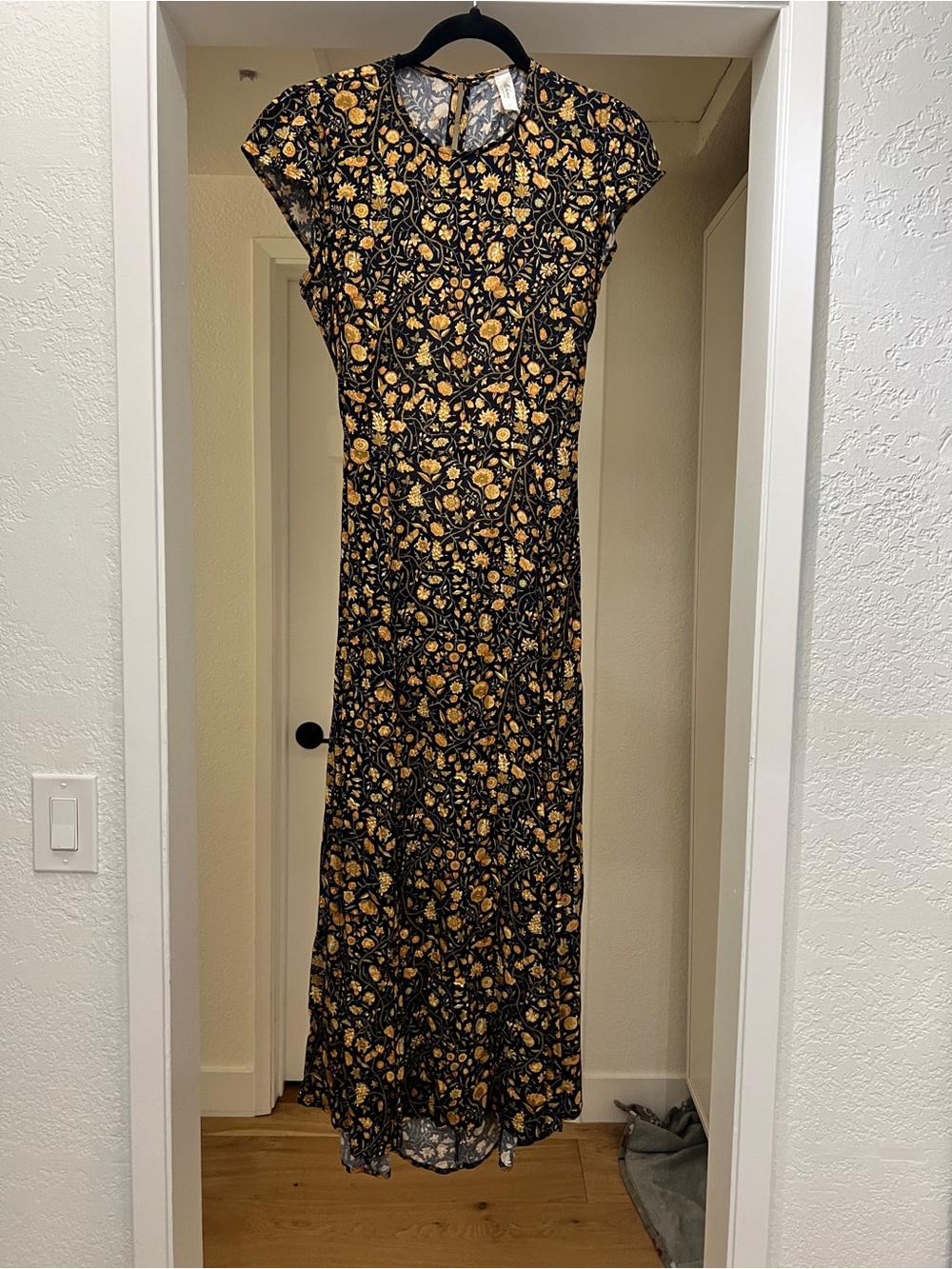 Mahina Floral Black and Yellow Midi Dress with back cutout